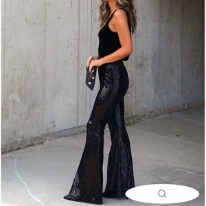 VICI Collection: I WILL SURVIVE SEQUIN FLARE PANTS - BLACK